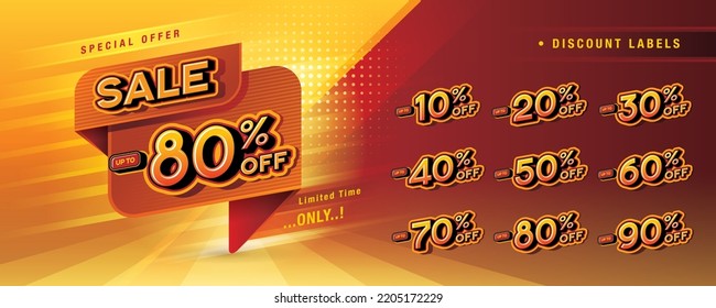 Sale and discount percent labels, Abstract Red Speech Bubble offer Sale Discount labels, Discount tags collection with percentage, 10, 20, 30, 40, 50%, 60%, 70, 80%, 90 percent sale tag. Price off tag