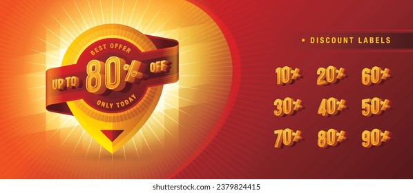 Sale discount percent labels, Abstract Red Map pin offer Sale Discount labels, Discount tags collection with percentage, Condensed Font, 50%, 60%, 70, 80%, 90 percent sale promotion tag. Price off tag