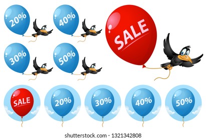Sale and discount percentages. Funny crow  holding balloons. Cartoon styled vector illustration. On white background. Elements is grouped. No transparent objects. 