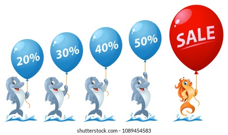 Sale and discount percentages. Funny goldfish and dolphins holding balloons. Cartoon styled vector illustration. On white background. Elements is grouped. No transparent objects. 