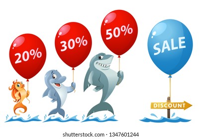 Sale and discount percentages. Funny goldfish, shark and dolphin holding balloons. Cartoon styled vector illustration. On white background. Elements is grouped. No transparent objects. 