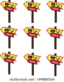 Sale discount plates 10, 20, 30, 40, 50, 60, 70, 80 and 90%, in red, yellow and black