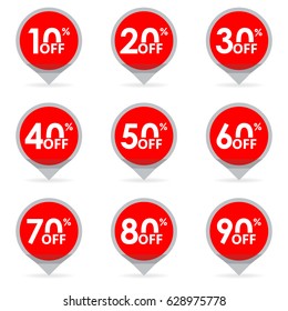 Verkauf und Rabatt-Zeiger oder Marker.  Preis ohne Tag Symbol. 10, 20, 30, 40, 50, 60, 70, 80, 90 Prozent Verkauf.  Vektorgrafik.