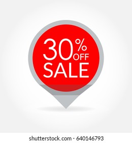 Sale and discount pointer or sticker. 30 percent price off tag icon. Vector illustration.