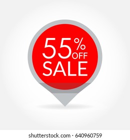 Sale and discount pointer or sticker. 55 percent price off tag icon. Vector illustration.