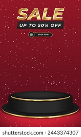 sale discount portait template banner with 3d podium for product sale social media with abstract gradient red background design