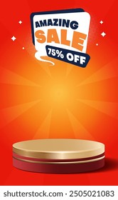 sale discount portait template banner with blank space 3d podium for social media feed product sale with abstract gradient red background design22