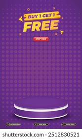 sale discount portait template banner with blank space 3d podium for social media post product sale with abstract gradient purple background design 31