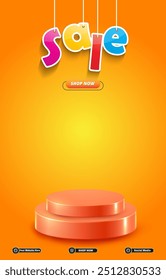 sale discount portait template banner with blank space 3d podium for social media post product sale with abstract gradient orange background design 26