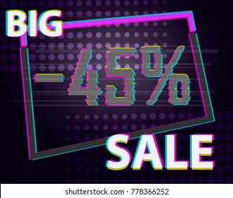 Sale discount poster or banner with glitch text, Anaglyphic Text Effect