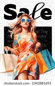 Sale and discount poster. Beautiful woman in shopping mall. Black Friday promotional trendy placard with advertising text. Creative typography art print. Fashion flyer design template. Vector eps