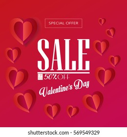 Sale discount poster for Valentines Day Holiday. Vector template. Romantic gift card with hearts, festive glitter confetti background. Love, e-card, banner. luxury decoration, Origami Cut paper heart