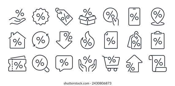 Sale, discount, price reduction editable stroke outline icons set isolated on white background flat vector illustration. Pixel perfect. 64 x 64