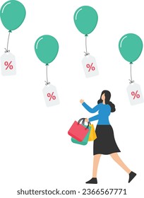 Sale or discount price tag, Marketing promotion or price cut, Retails shop or advertising, Commercial, Customer purchase, Customer with shopping bags, Hold discount price tag
