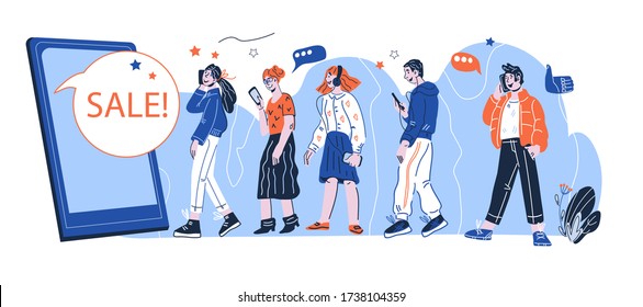 Sale and discount promotion in social media concept with people characters. People hurrying to buy goods. Consumers making haste forward to reach shopping sale. cartoon vector illustration.