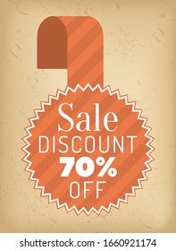 Sale discount round label with promo seventy percent off vector illustration. Template of advertisement with final discount, stamp on ribbon info about shopping sale. Brown coupon with price off