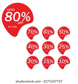 Sale discount set product with percentage sell-off. Set Red round speech bubble shape
with 10,15,20, 25, 30,35, 40, 50, 60, 70, 80 percent price