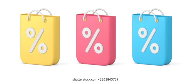 Sale discount shopping bag percent commercial promo special offer 3d icon set realistic vector illustration. Store clearance financial price off marketing purchase cardboard isometric package