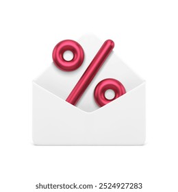 Venta descuento de compras oferta especial por correo por ciento sobre icono 3d Ilustración vectorial realista. Despacho de comercialización de tienda ahorro de economía bancaria Precio de beneficios financieros