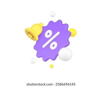 Sale discount shopping tag percent ring bell announcement reminder 3d icon realistic vector illustration. Commercial retail advertising price off special offer Black Friday money savings promo