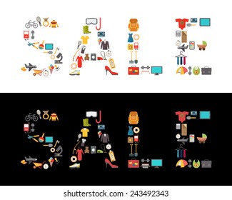 Sale discount sign. Shopping items inside silhouette. Vector illustration