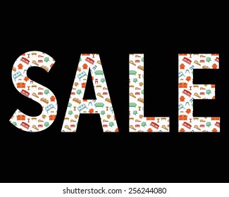 Sale discount sign. Shopping items inside silhouette. Furniture vector illustration