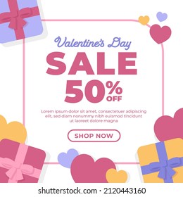 Sale discount social media post for Valentine's Day. Vector template. Special offer poster with heart ornament