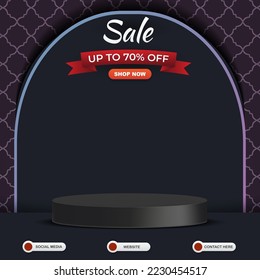 sale discount social media template banner post with blank space 3d podium for product sale with abstract gradient black background design
