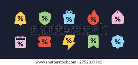 Sale and Discount Solid Icon Set. Flash Sale, Black Friday Promotion, and Marketing Labels.