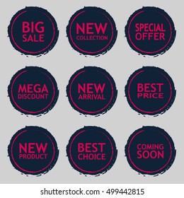 Sale discount sticker set. Commercial collection of color offer labels in grunge style. Different commercial inscriptions in round badges. Vector isolated illustration.