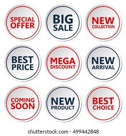 Sale discount sticker set. Commercial collection of white offer labels. Different commercial inscriptions in round badges. Vector isolated illustration.