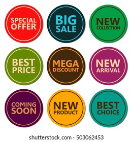 Sale discount sticker set. Commercial collection of varicolored offer labels. Different commercial inscriptions in round badges. For different holidays sale. Vector isolated illustration.