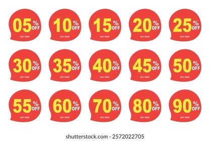 Sale discount stickers set. 05. 10.15. 20. 25. 30. 35. 40. 45. 50. 55. 60. 70. 80. and 90 percent price clearance sticker badge banner label vector Illustration isolated on white background.