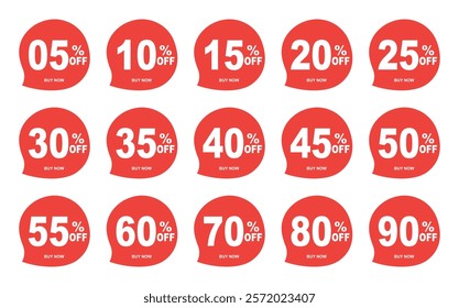 Sale discount stickers set. 05. 10.15. 20. 25. 30. 35. 40. 45. 50. 55. 60. 70. 80. and 90 percent price clearance sticker badge banner label vector Illustration isolated on white background.