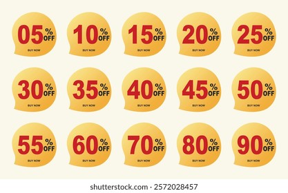 Sale discount stickers set. 05. 10.15. 20. 25. 30. 35. 40. 45. 50. 55. 60. 70. 80. and 90 percent price clearance sticker badge banner label vector Illustration.