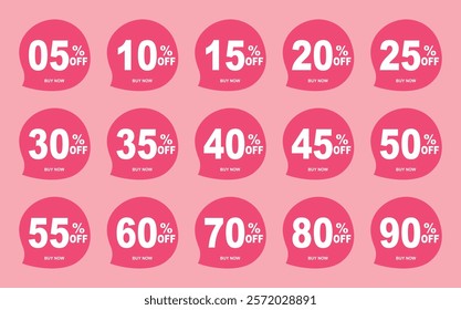 Sale discount stickers set. 05. 10.15. 20. 25. 30. 35. 40. 45. 50. 55. 60. 70. 80. and 90 percent price clearance sticker badge banner label vector Illustration.