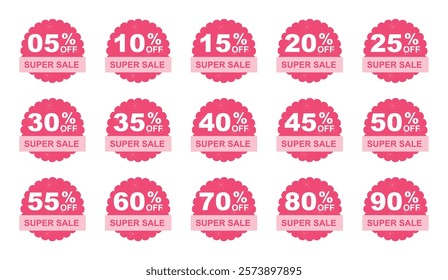 Sale discount stickers set. 05. 10.15. 20. 25. 30. 35. 40. 45. 50. 55. 60. 70. 80. and 90 percent price clearance sticker badge banner label vector Illustration.