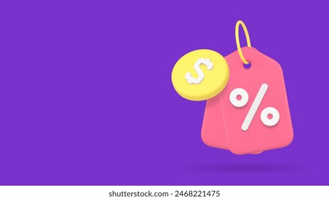 Sale discount tag rope percentage shopping special offer promo label 3d icon realistic vector illustration. Store shop financial clearance price off advertising Black Friday deal marketing strategy