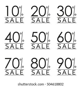 Sale and discount tag set. Price off badge design template. 10,20,30,40,50,60,70,80,90 percent sale. Vector illustration.