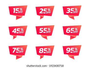 Sale and discount tag, sticker or origami label set. 10, 20, 30, 40, 50, 60, 70, 80, 90 percent price off badges. Promotion, ad banner, promo coupon design elements. Vector illustration.