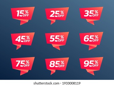 Sale and discount tag, sticker or origami label set. 15, 25, 35, 45, 55, 65, 75, 85, 95 percent price off badges. Promotion, ad banner, promo coupon design elements. Vector illustration.