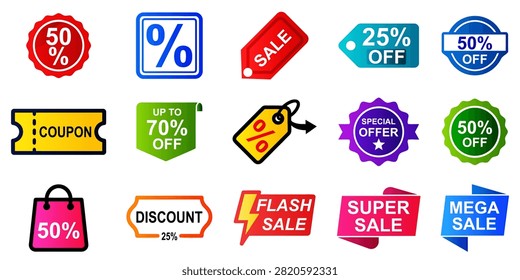 Sale Discount Tag Vector Set Featuring Percentage Coupons Promo Labels and Flash Sale Badges