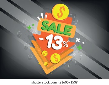 Sale discount, tags and arrow icons for promotion, thirteen percent off, -13%