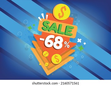 Sale discount, tags and arrow icons for promotion, sixty-eight percent off, -68%