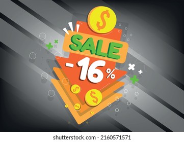 Sale discount, tags and arrow icons for promotion, sixteen percent off, -16%