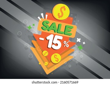 Sale discount, tags and arrow icons for promotion, fifteen percent off, -15%