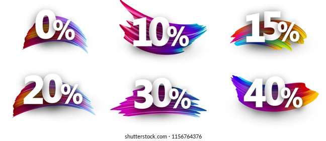Sale or discount tags with figures, percent sign and spectrum brush strokes isolated on white background. Colorful gradient brush design. Vector paper illustration.