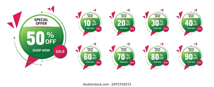 Sale discount Tags, Green and red color combination sale tags, Special offer price signs. 10, 20, 30, 40, 50, 60, 70, 80, 90 percent off Discount. Red and green Tag set. Vector collection