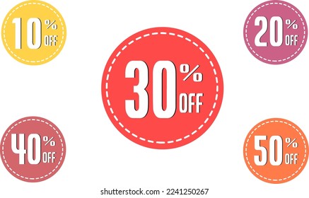 Sale and discount tags. Price discount icon. 10, 20, 30, 40, 50 percent discount. Vector illustration.