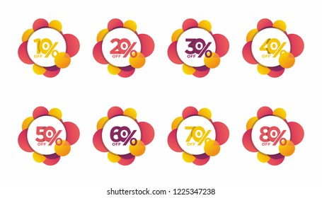 Sale and discount tags. Price off label icon. 10, 20, 30, 40, 50, 60, 70, 80, percent sale. Vector tags